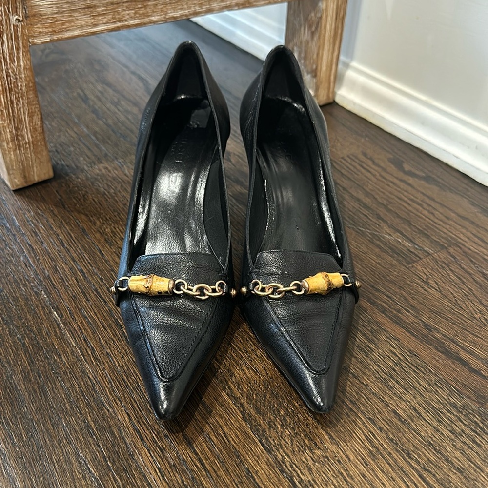 Vintage GUCCI Black Leather Pointed Toe Bamboo Horsebit Pump Heels US 6.5